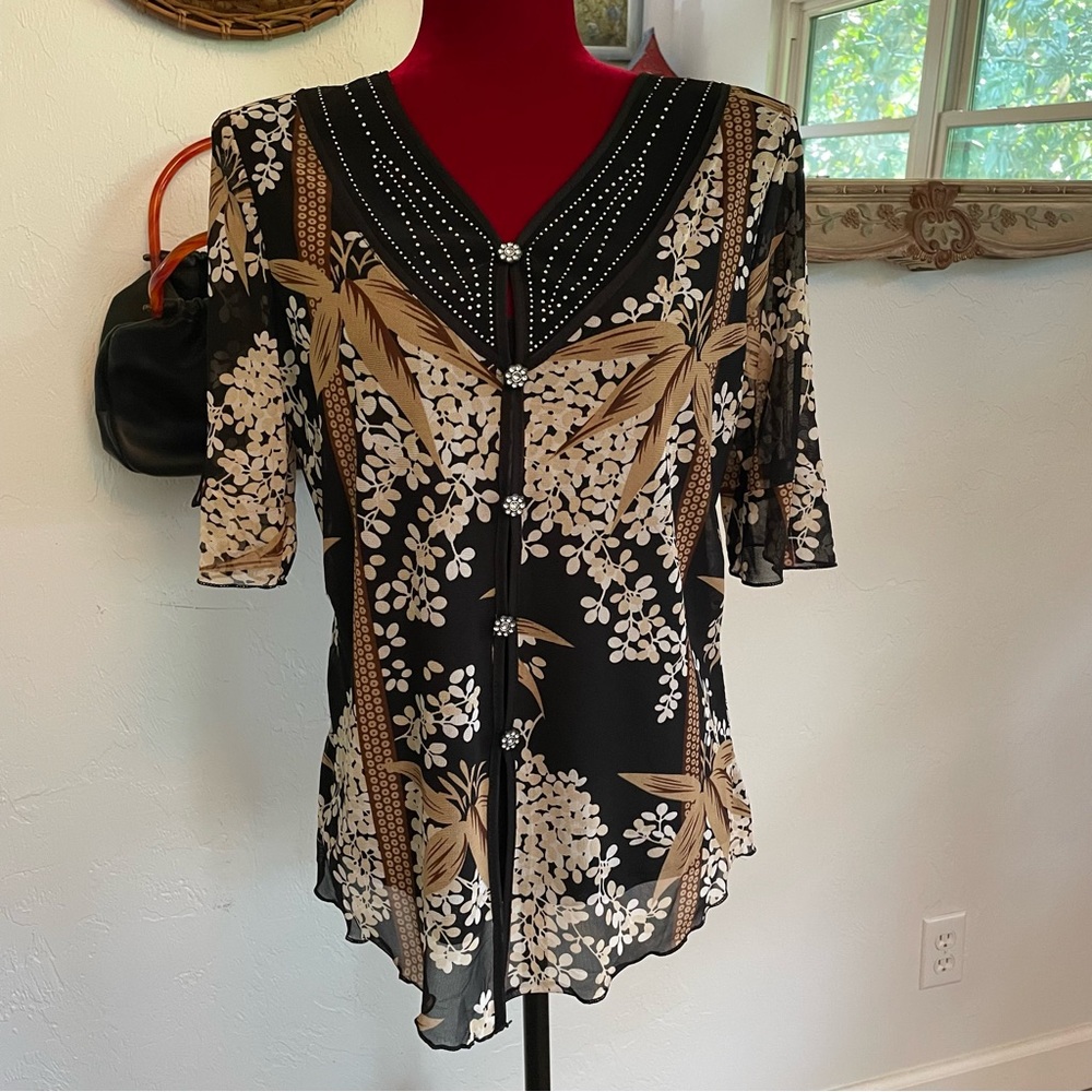 Design Works Top Beautiful Florals! Rhinestone Details Size PL